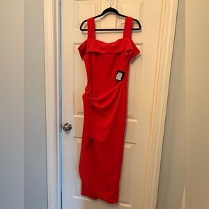 Marina Cold Shoulder Faux Sarong Waist Tie Overlay‎ Jumpsuit Red - Size 16